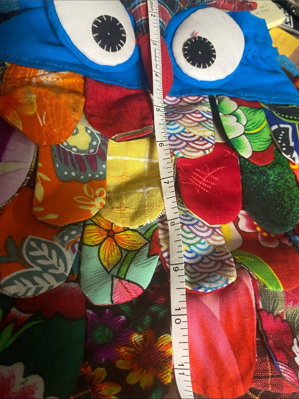 Bright Blue Kids Owl Drawstring Backpack with Multicolor Patchwork Feathers